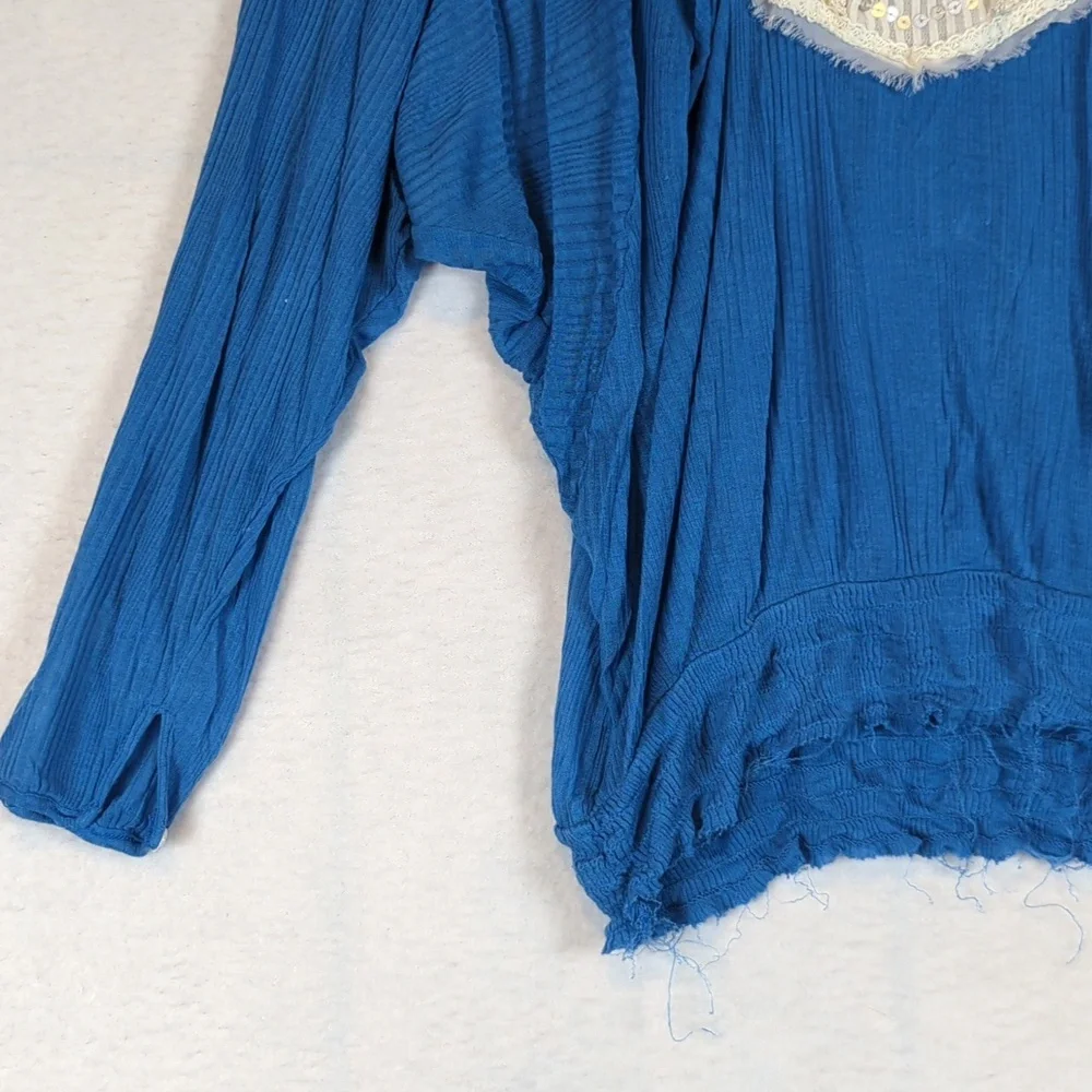 Free People Blue‎ Sequin & Lace Tunic Long Sleeve Shirt XS